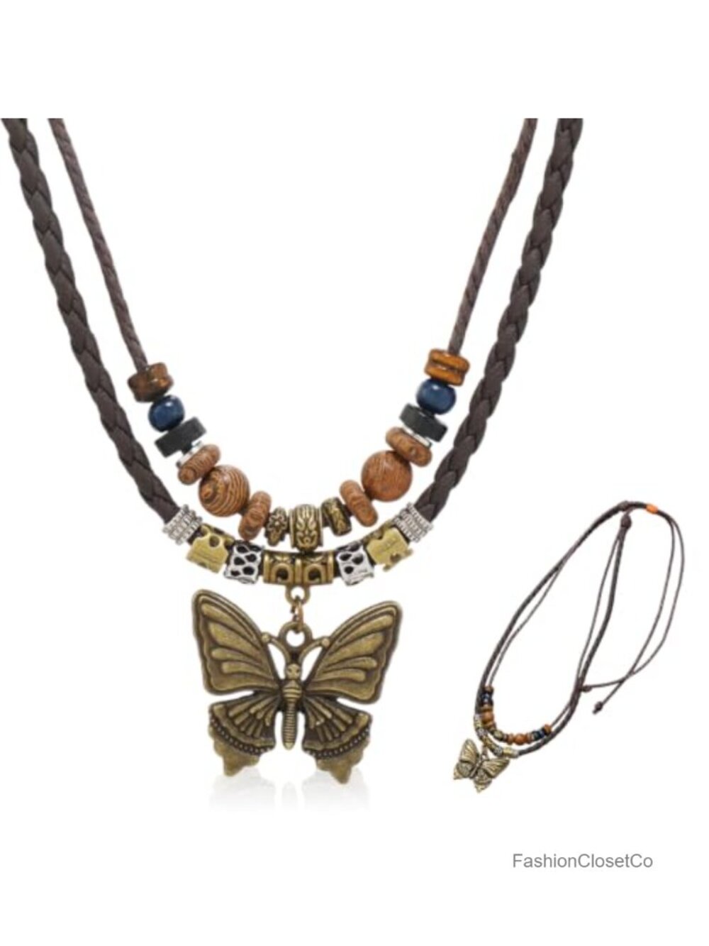 Vintage Butterfly Layered Wood Bead Choker Necklace Adjustable Leather Rope